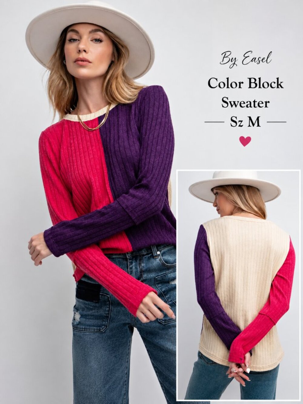 💜🩷 Easel Color Block Ribbed Sweater | Plum & Purple | Size Medium (M)